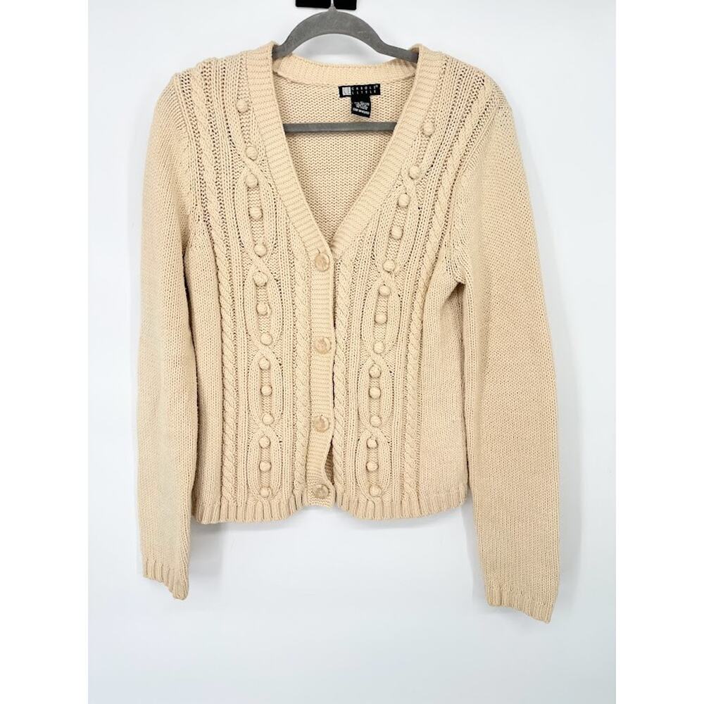 VTG Carole Little Cream‎ Cardigan Sweater M Bobble Chunky Fisherman Minimalist